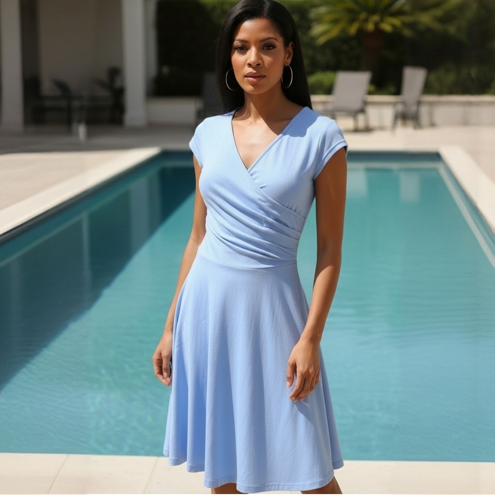 Women's Lakshmi Light Blue Faux Wrap Fit & Flare Dress V-Neck Cap Sleeve Small